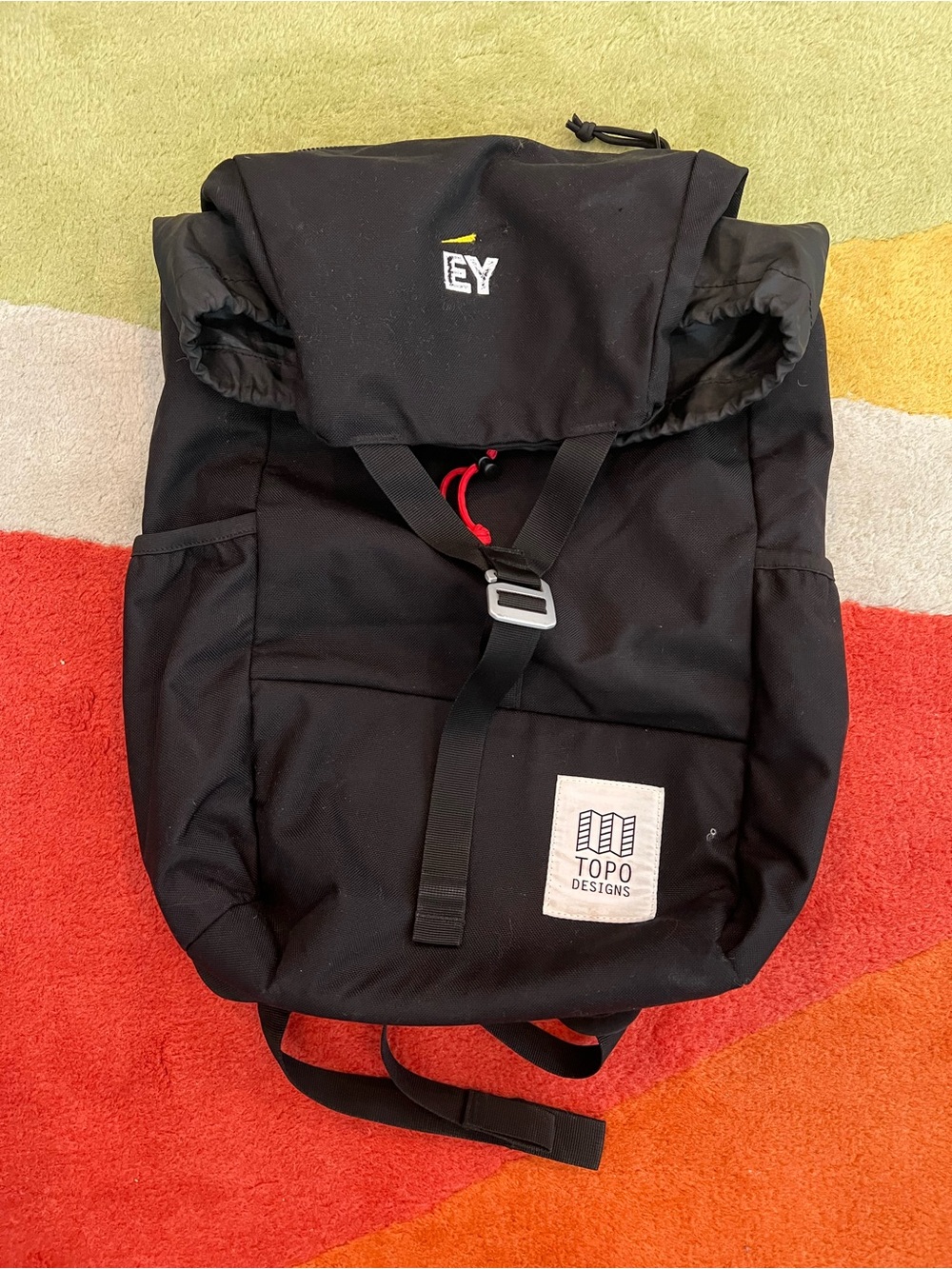 Topo Designs Black Roll-Top Backpack with Red Cord Accent